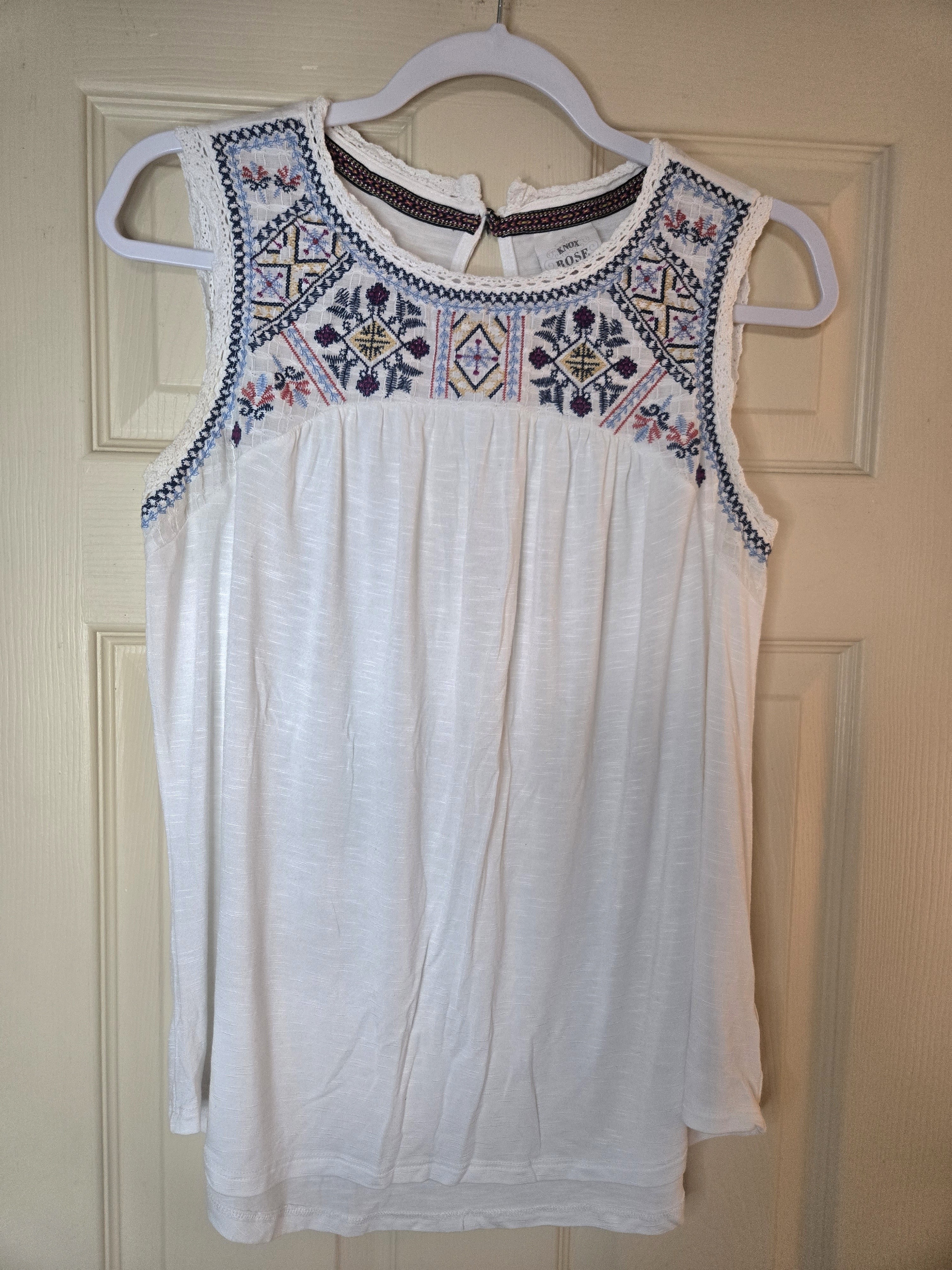 Knox Rose White Sleeveless Tank With Multicolor Embroidered Yoke
